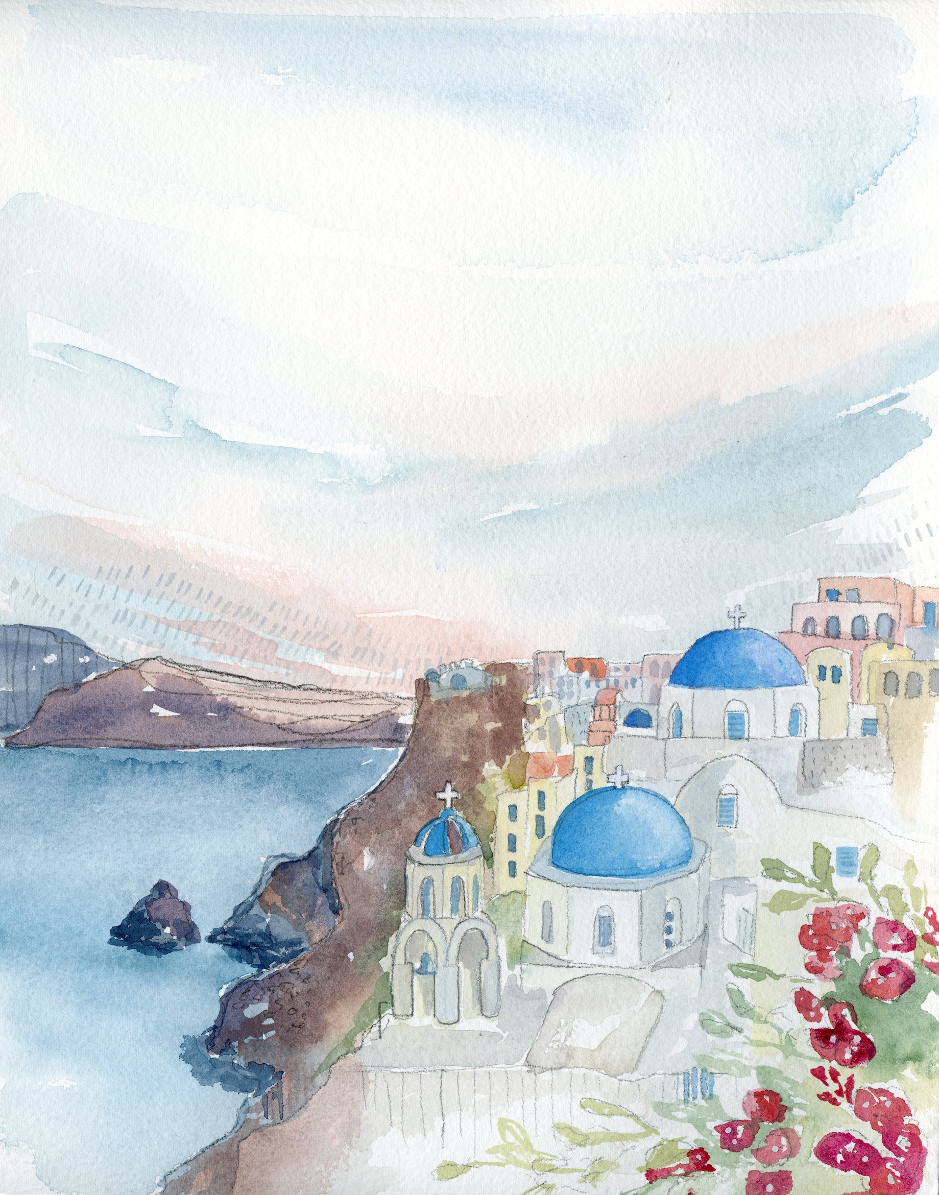 Santorini Original Watercolor Painting- 11x14